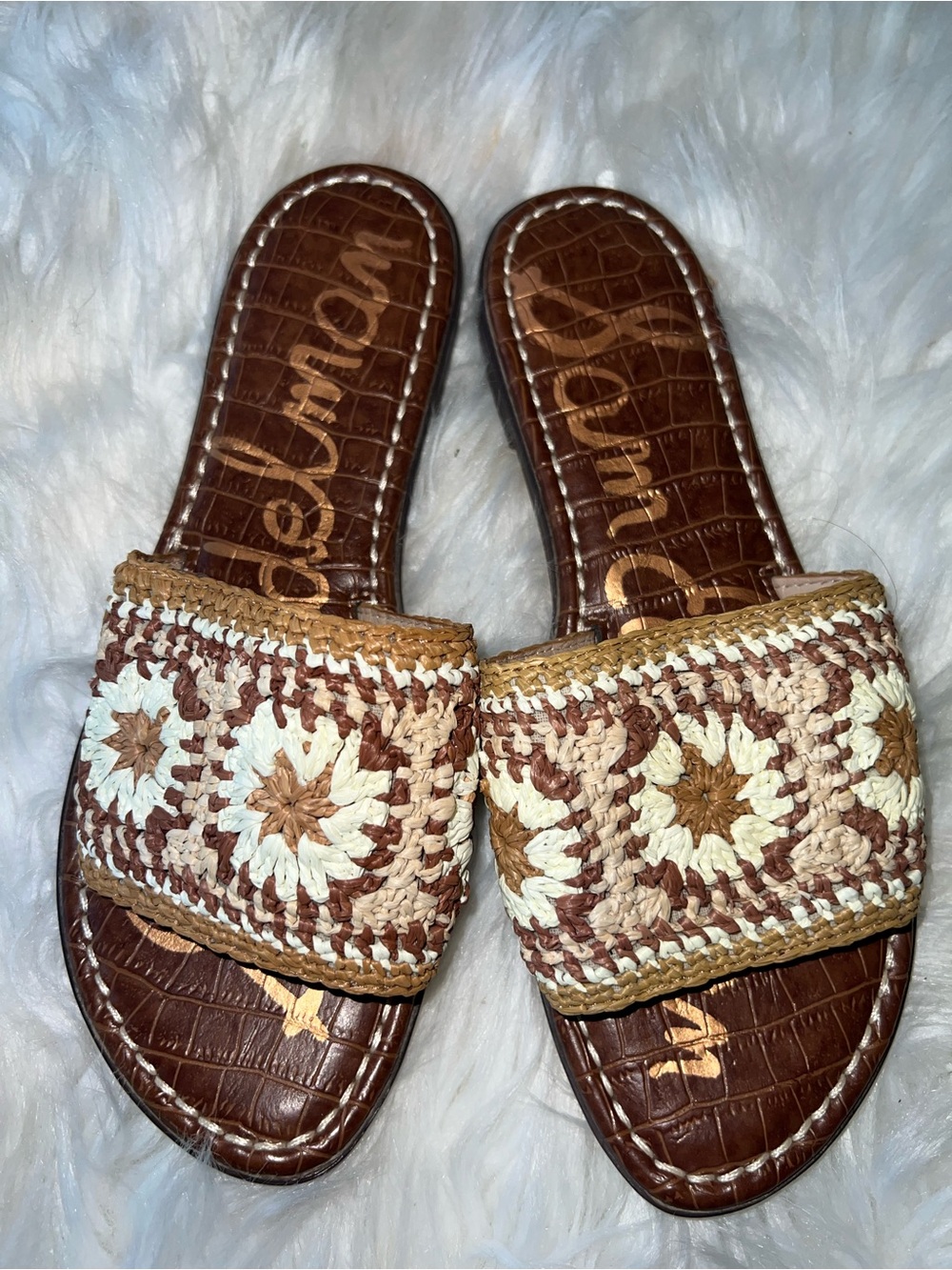 Sam Edelman Woven Crochet Slide Mules in Brown and Cream - Women
